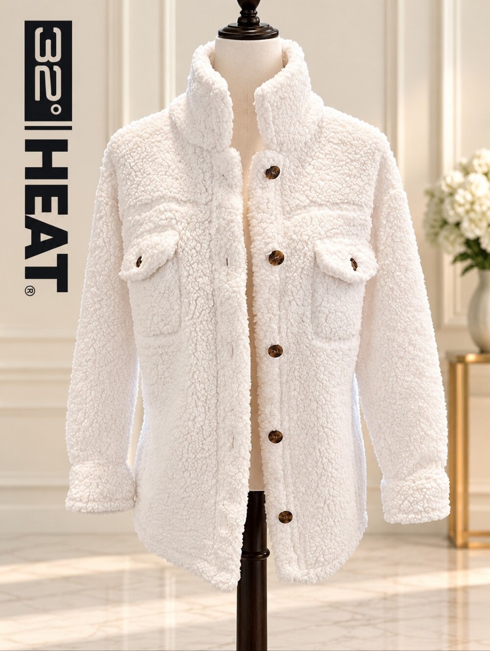 32 Degrees Heat White Sherpa Teddy Jacket XS/S Button Front Cozy Shacket